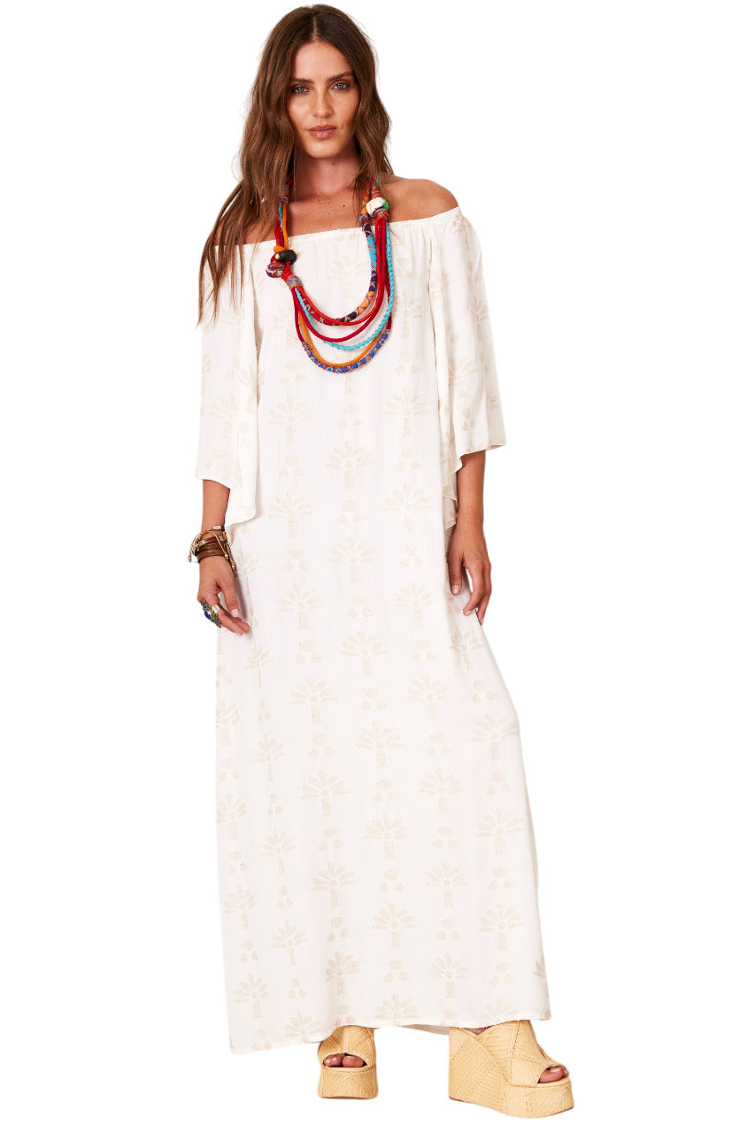Vestido Longo De Linho Ciganinha Bege Com Flores Texturizadas Yacamim C6