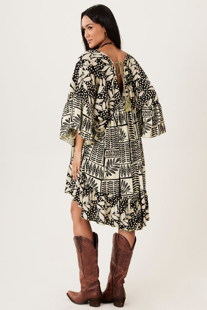 Vestido Curto Com Mangas 3/8 Verde Oliva Estampado Yacamim C8