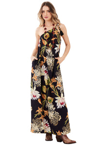 Vestido Longo Frente Única Preto Estampado Yacamim E20