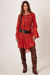 Vestido Curto De Tule Com Babados Terracota Yacamim E14