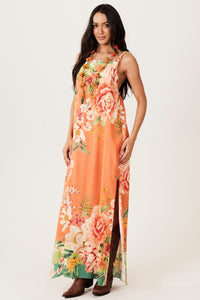 Vestido Longo De Alças Reguláveis Laranja Estampado Yacamim D19