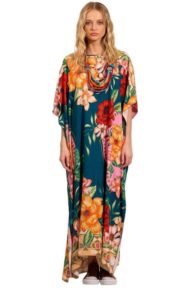 Kaftan Amplo Longo Verde Estampado Yacamim