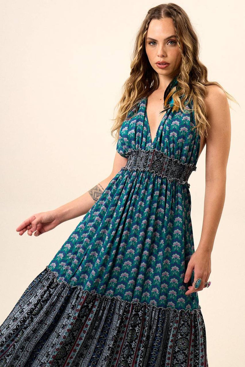 Vestido Longo Com Decote Cortininha E Lastex Azul Escuro Patchwork Yacamim D20