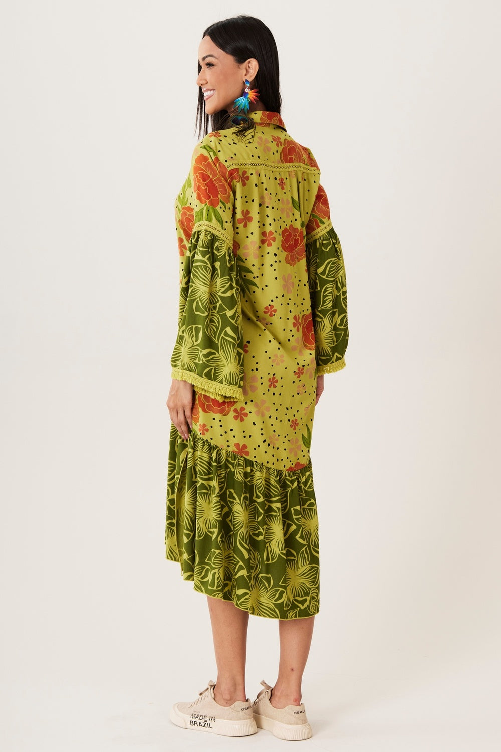 Chemise Midi Com Mangas Longas Verde Patchwork Yacamim N7