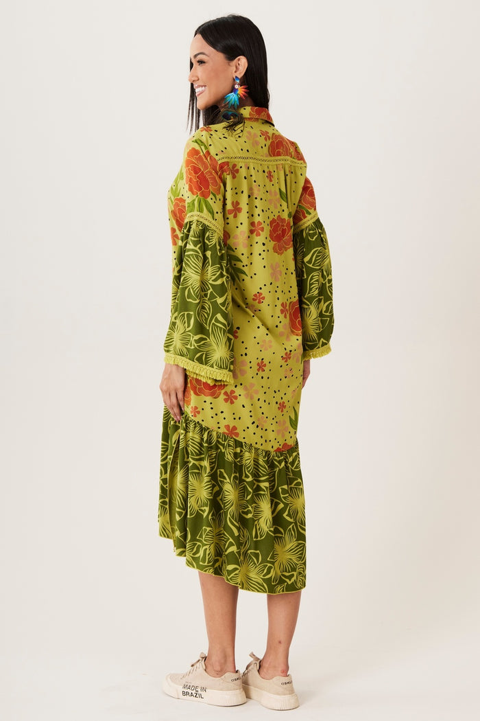 Chemise Midi Com Mangas Longas Verde Patchwork Yacamim N7