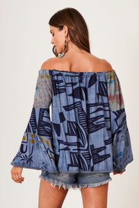 Bata Ciganinha Com Mangas Flare Azul Patchwork Yacamim B21