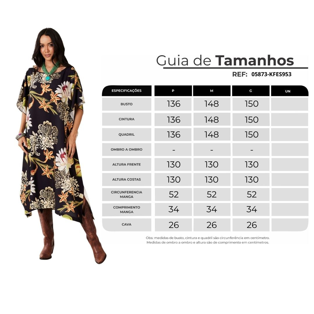Kaftan Amplo Preto Estampa Floral Yacamim J7