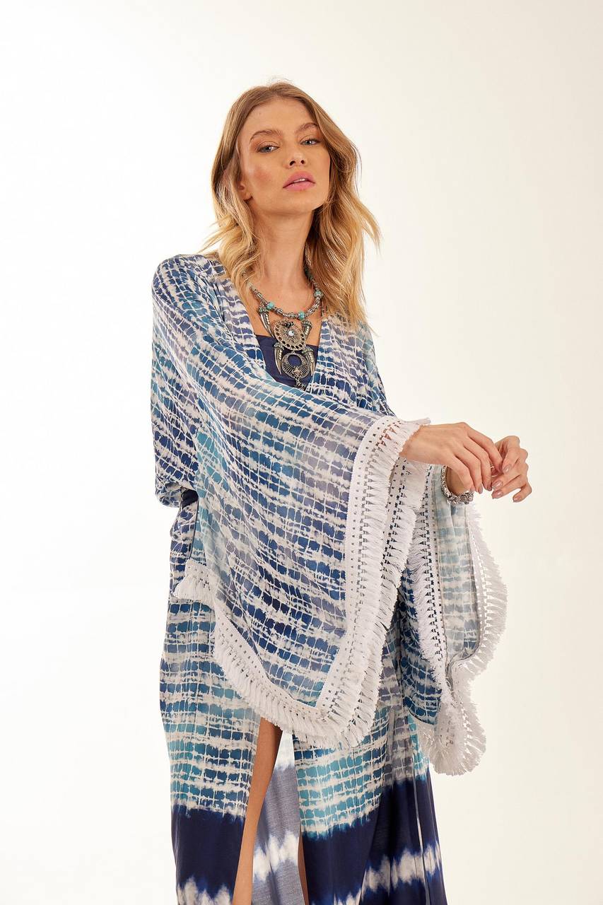 Kimono Longo Azul Estampa Digital Tie Dye Yacamim