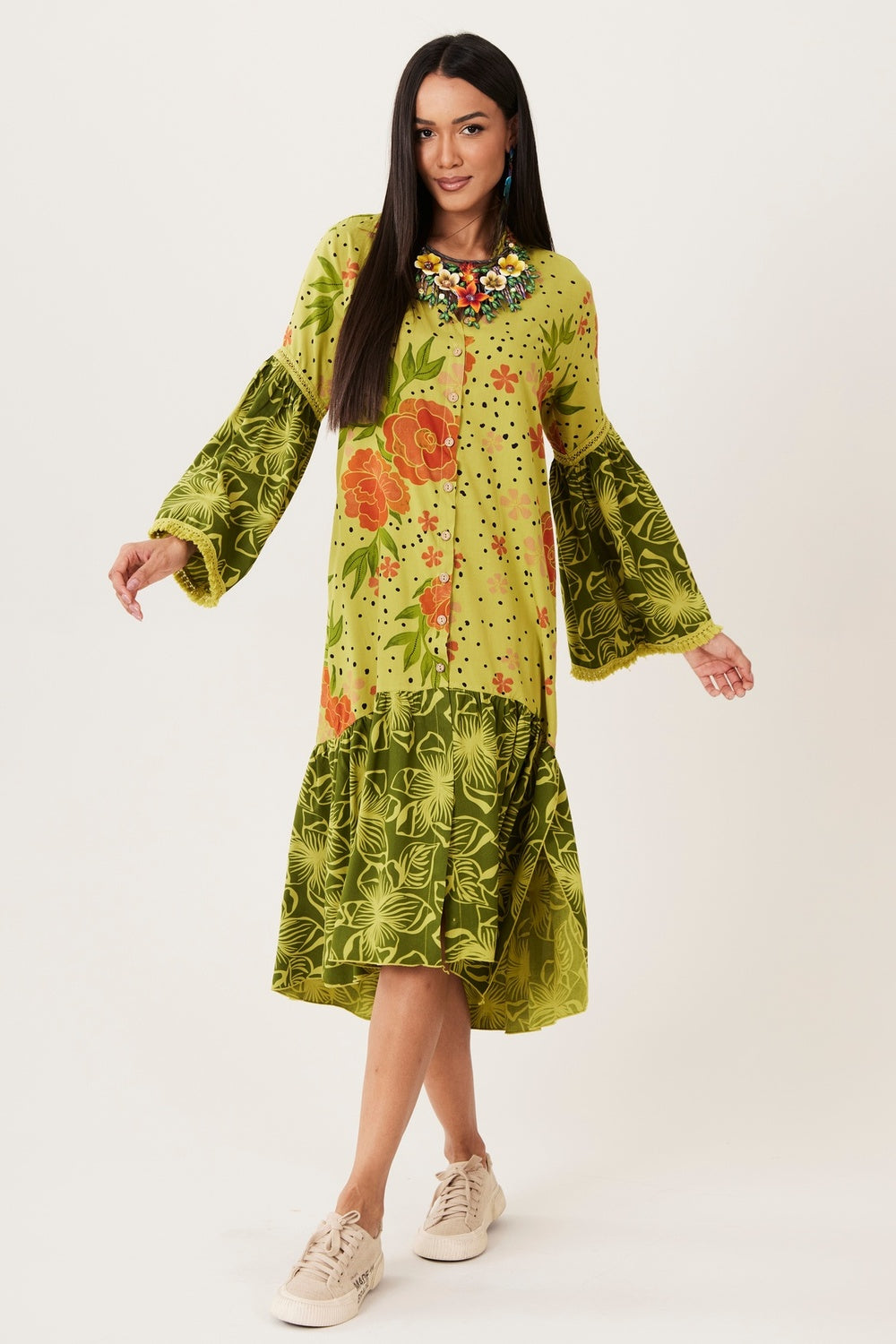 Chemise Midi Com Mangas Longas Verde Patchwork Yacamim N7