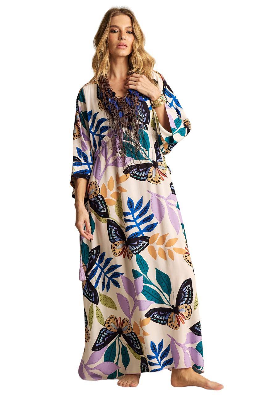 Kaftan Longo Amplo Branco Estampado Yacamim J7