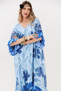 Kaftan Midi Decote Em V Azul Claro Patchwork Yacamim J8