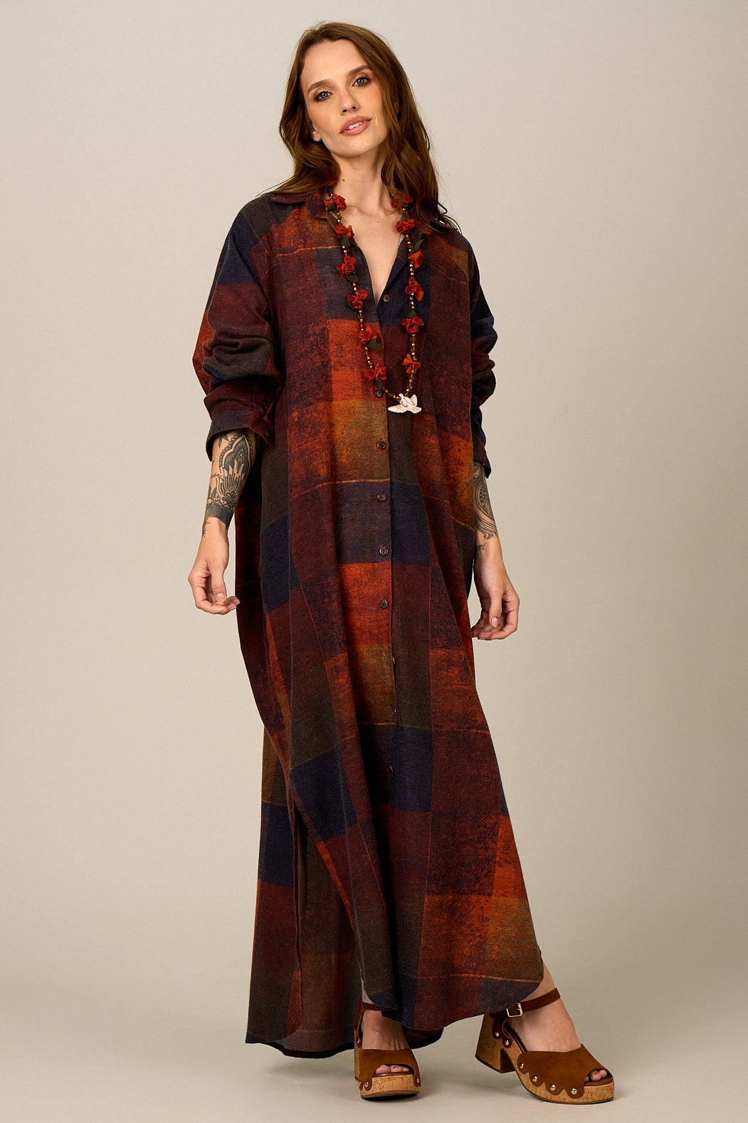 Chemise Longa De Algodão Terracota Estampa Xadrez Yacamim N5