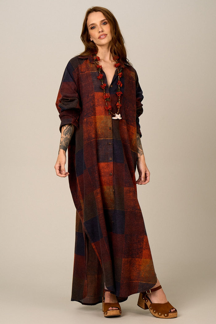 Chemise Longa De Algodão Terracota Estampa Xadrez Yacamim N5