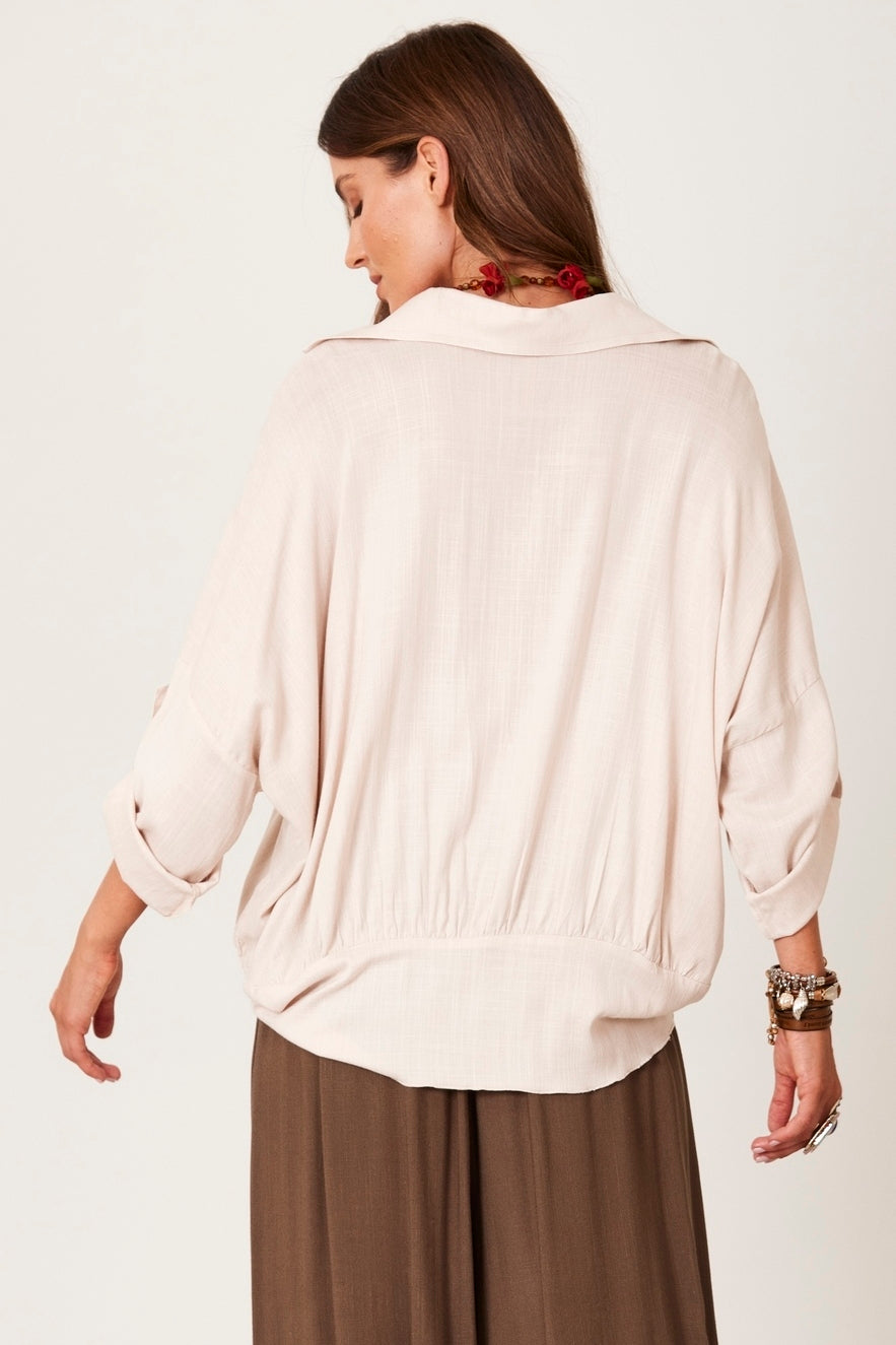 Camisa Mangas 3/4 Com Amarração Na Frente Bege Yacamim A1