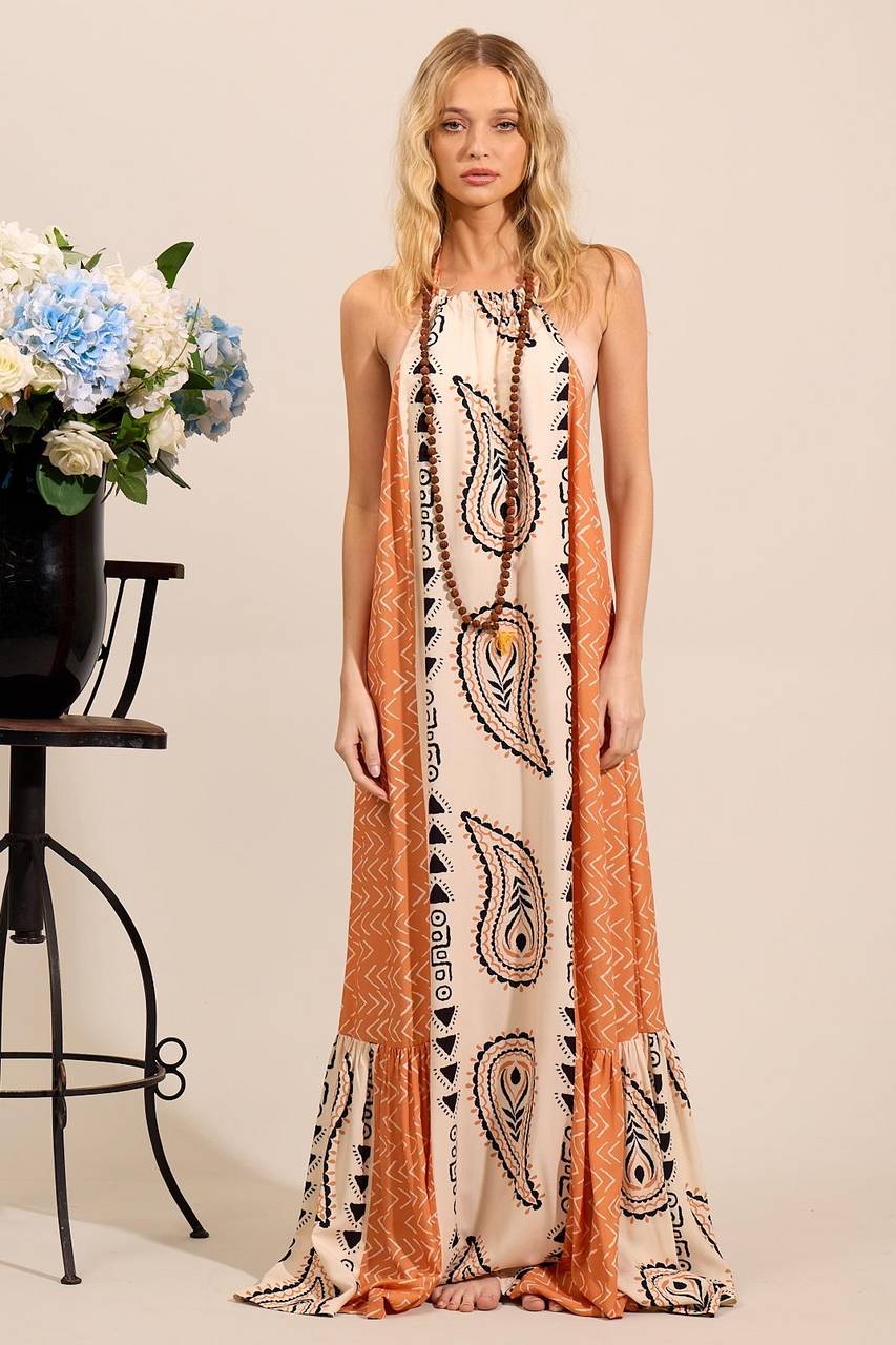 Vestido Longo Frente Única Laranja Estampa Paisley Yacamim