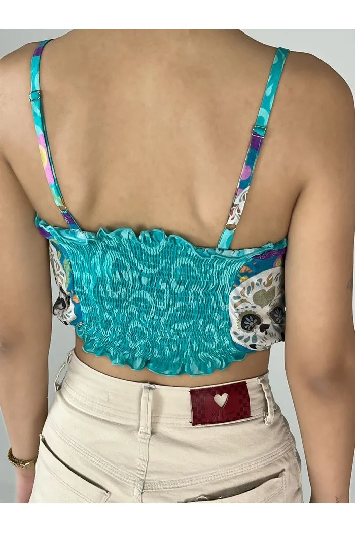 Top Cropped com Alças Azul Estampado Yacamim