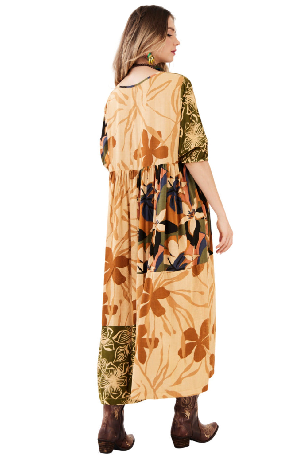 Vestido Midi Marrom Claro Patchwork Yacamim D1