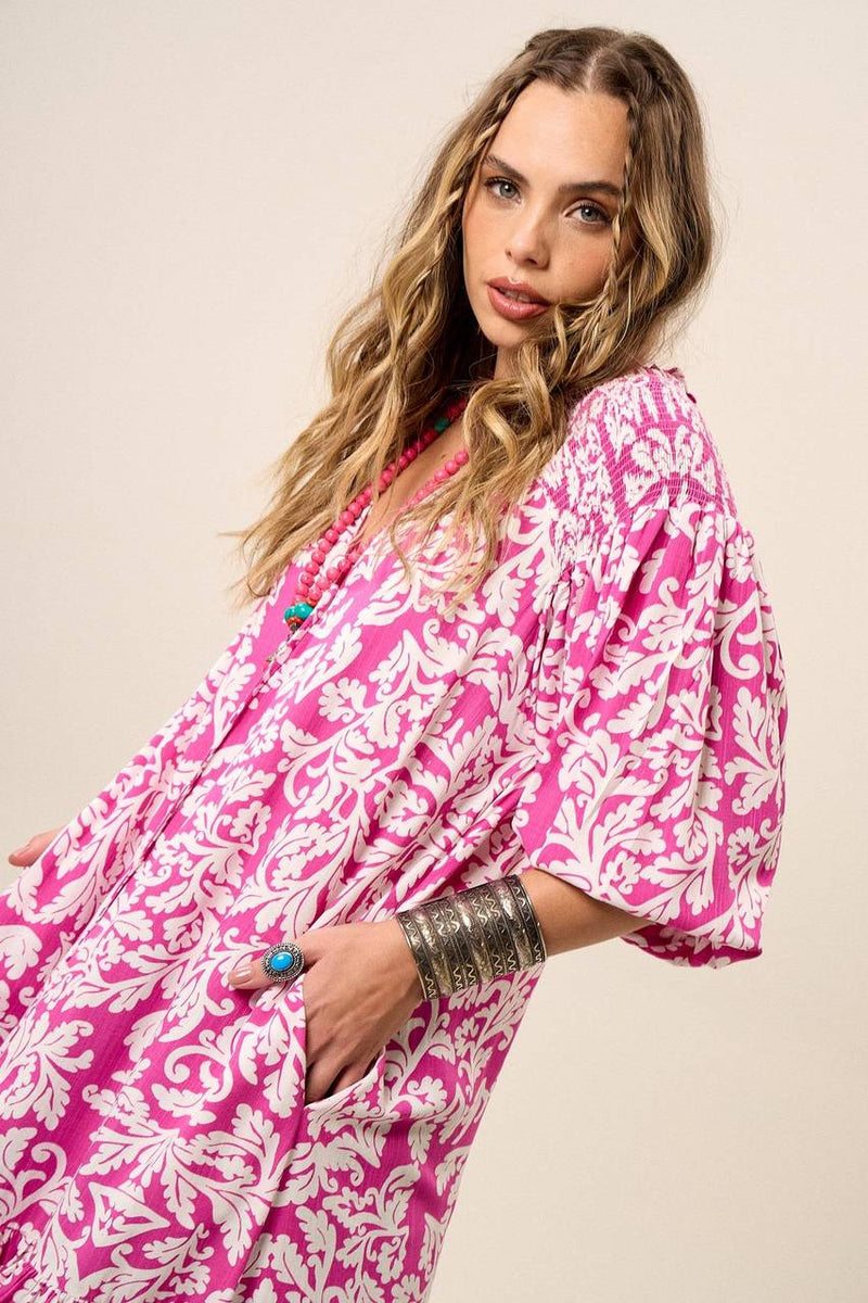 Vestido Chemise Longo Com Mangas 3/8 Raglã Rosa Estampado Yacamim