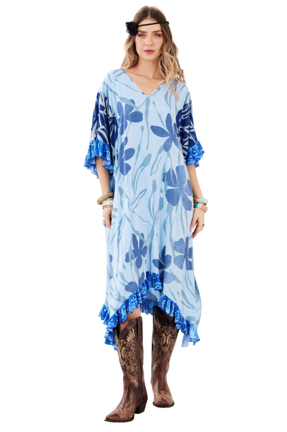 Kaftan Midi Decote Em V Azul Claro Patchwork Yacamim J8