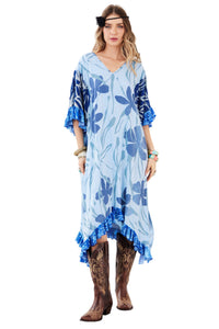 Kaftan Midi Decote Em V Azul Claro Patchwork Yacamim J8