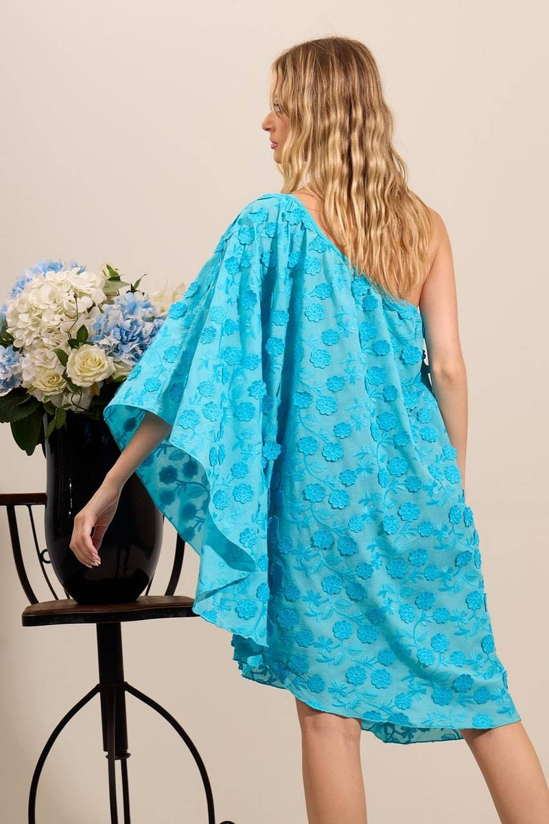 Vestido Curto Um Ombro Só Com Flores Bordadas Azul Yacamim D9