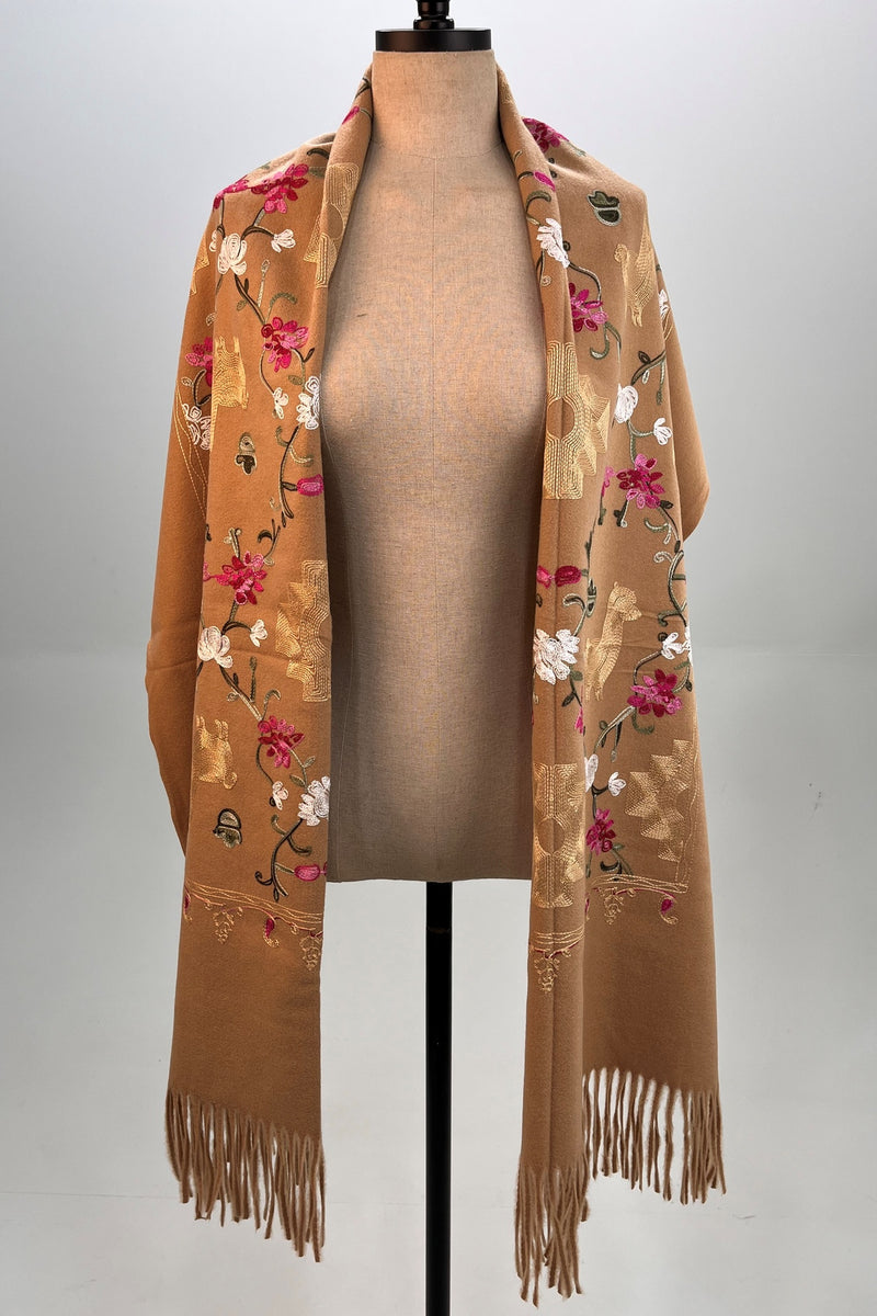 Cachecol Cashmere Marrom Claro Bordado Yacamim #323