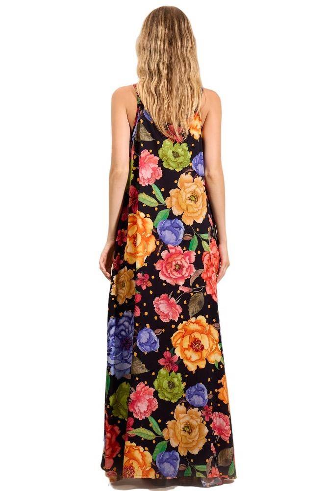 Vestido Longo Alças Reguláveis Decote V Preto Estampa Floral Yacamim