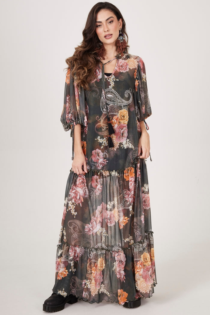 Vestido Longo De Tule Verde Escuro Estampa Cashmere Yacamim E14