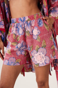 Shorts Paraty 100% Algodão Com Flores Bordadas Vermelho Floral Yacamim I4