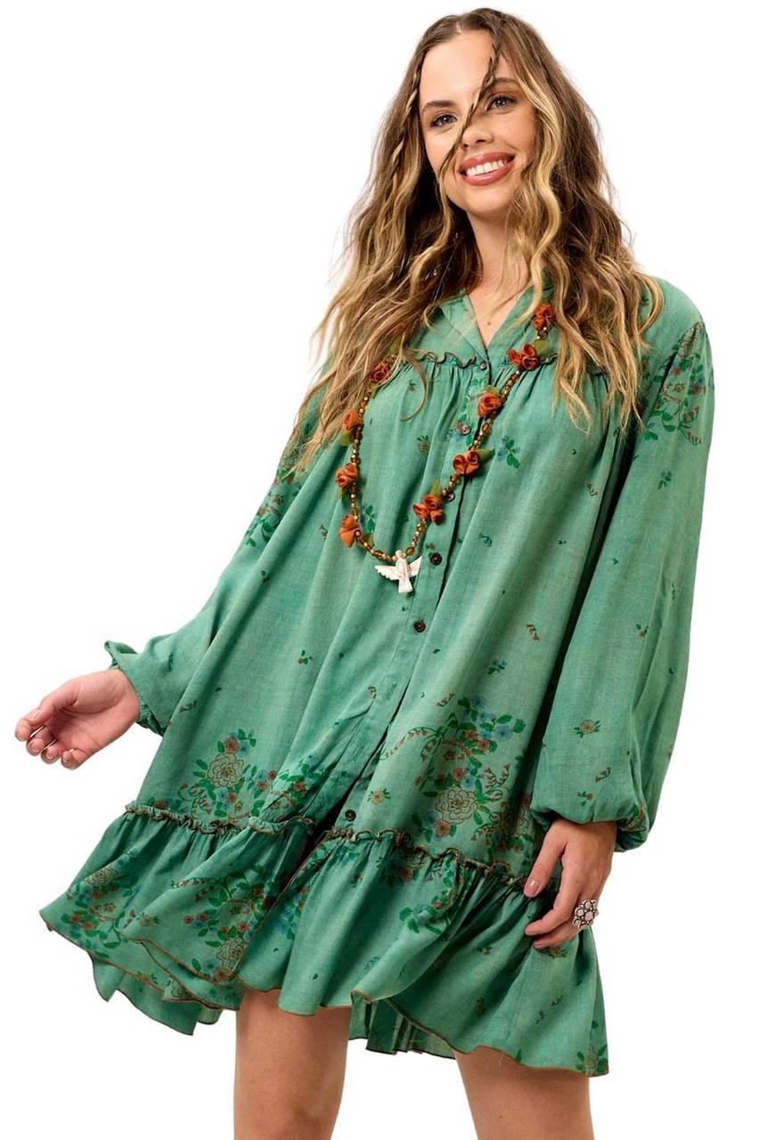 Vestido Chemise Curto Com Mangas Longas Bufantes Verde Estampado Yacamim