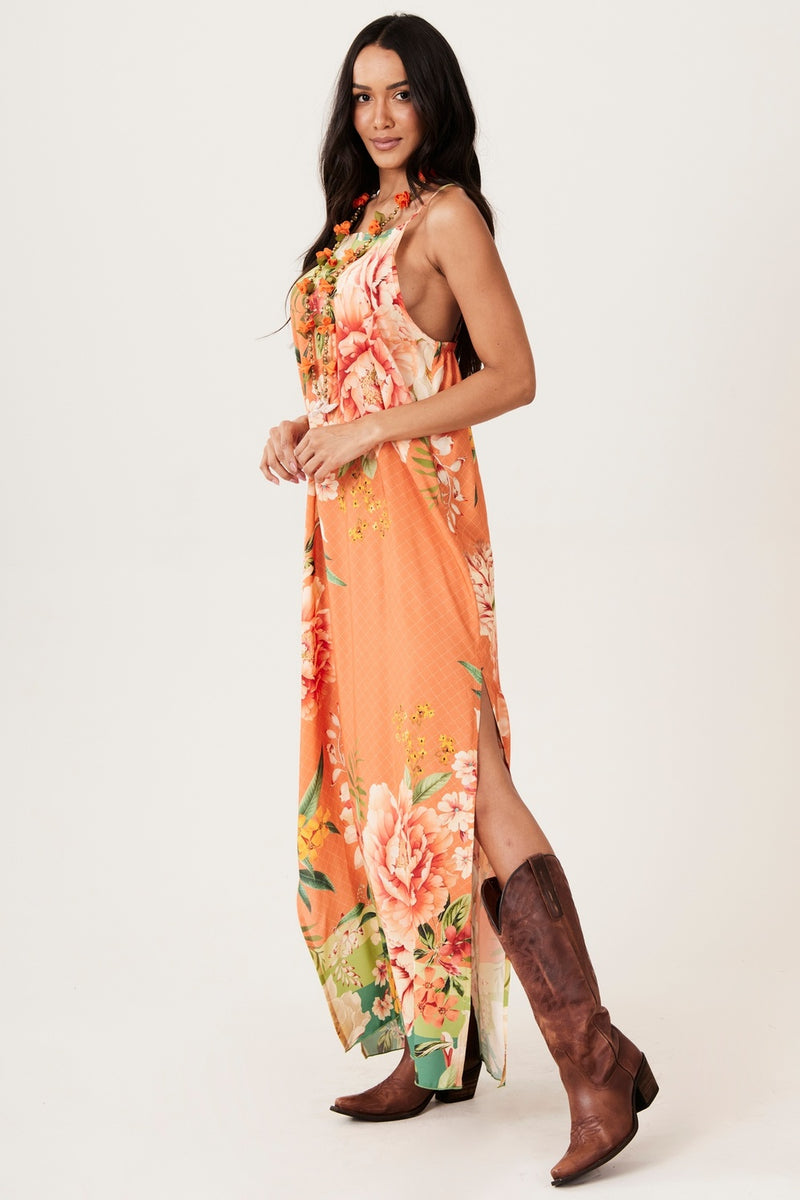 Vestido Longo De Alças Reguláveis Laranja Estampado Yacamim D19