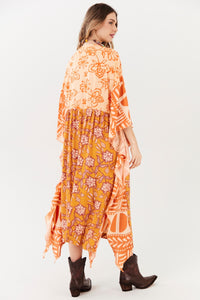 Kaftan Midi Amplo Laranja Estampado Patchwork Yacamim S10