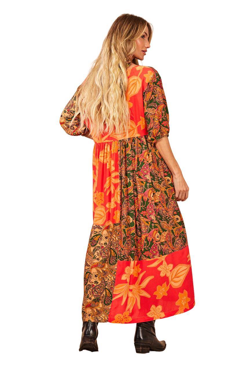 Vestido Midi Com Mangas 3/4 Laranja Patchwork Yacamim C9