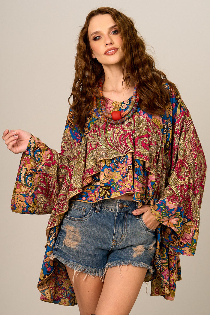 Bata Ampla Alongada Bordô Patchwork Yacamim T7