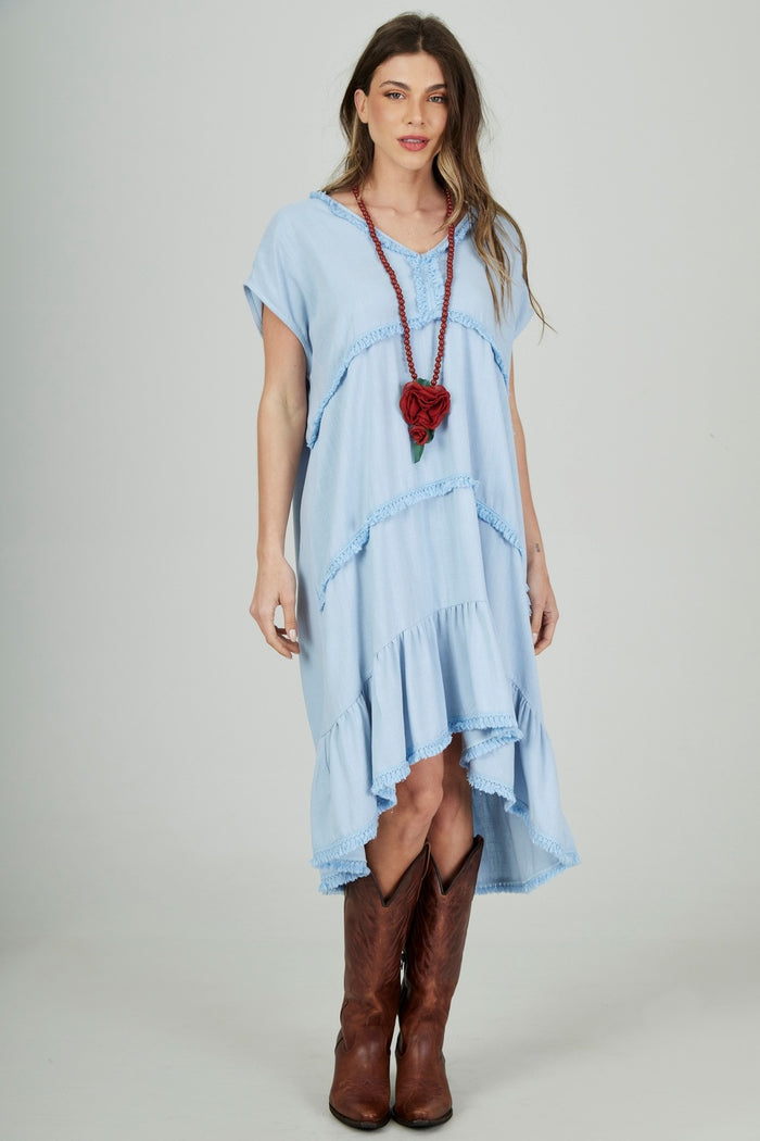 Vestido Curto Mullet De Viscolinho Azul Claro Yacamim D4