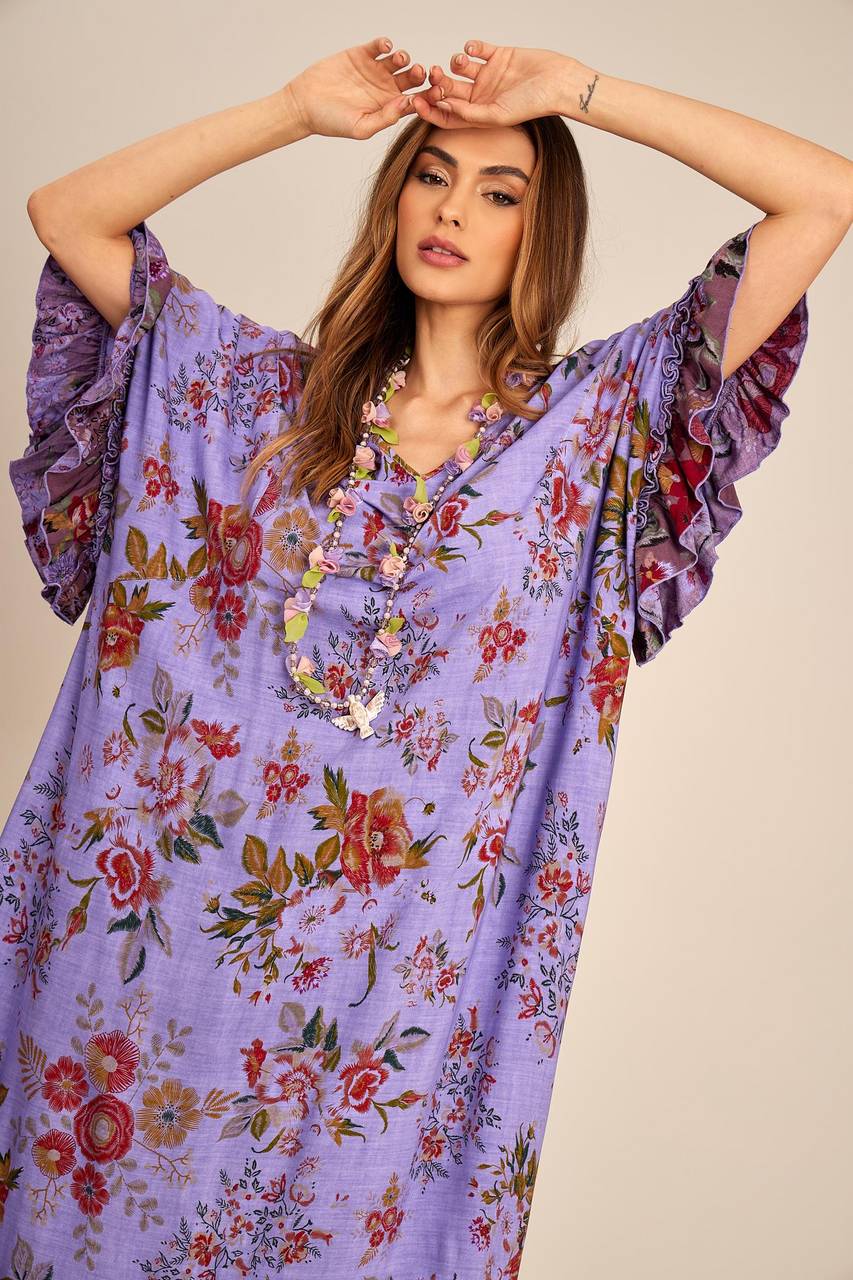 Kaftan Amplo Com Pontas Laterais Roxo Estampado Yacamim