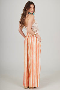 Calça Pantalona Com Bolsos Laranja Listrado Yacamim I8