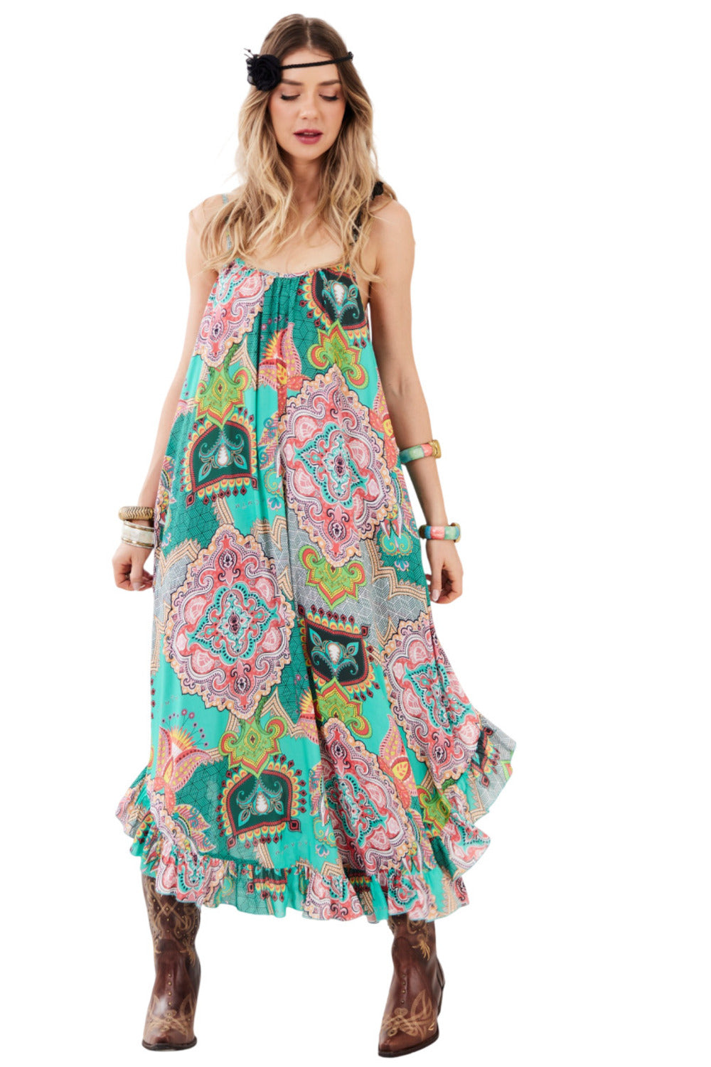 Vestido Longo De Alças Reguláveis Verde Estampado Yacamim C2