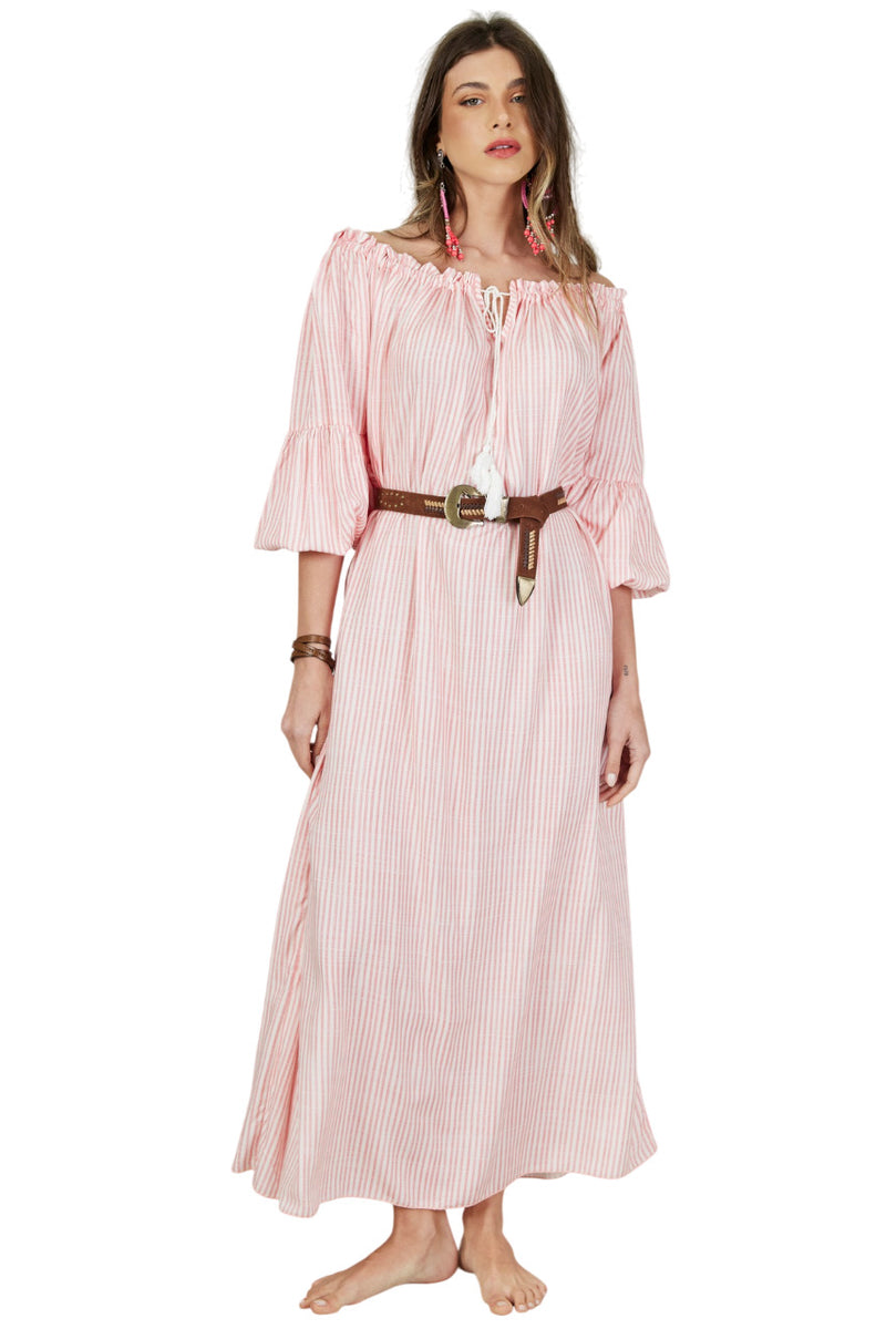 Vestido Midi Ciganinha Com Cordão Rosa Listrado Yacamim D22
