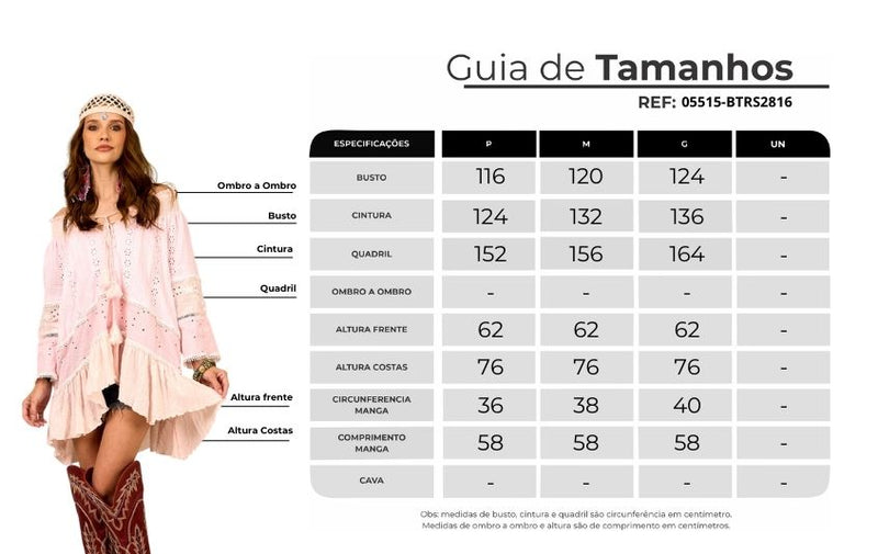 Bata Ampla Broderie Ciganinha Rosa Claro Yacamim B11