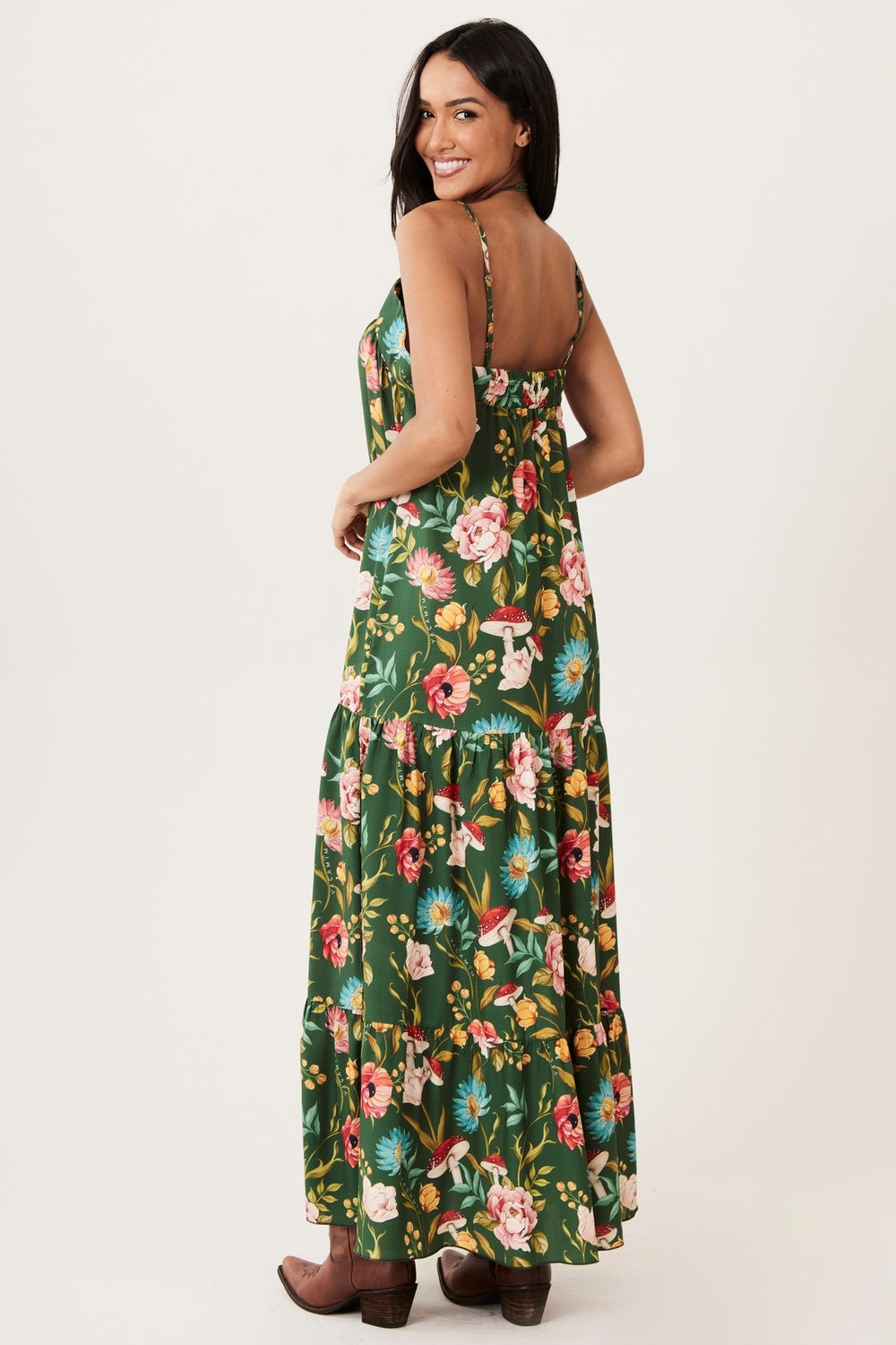 Vestido Longo Babados Verde Estampado Yacamim C5