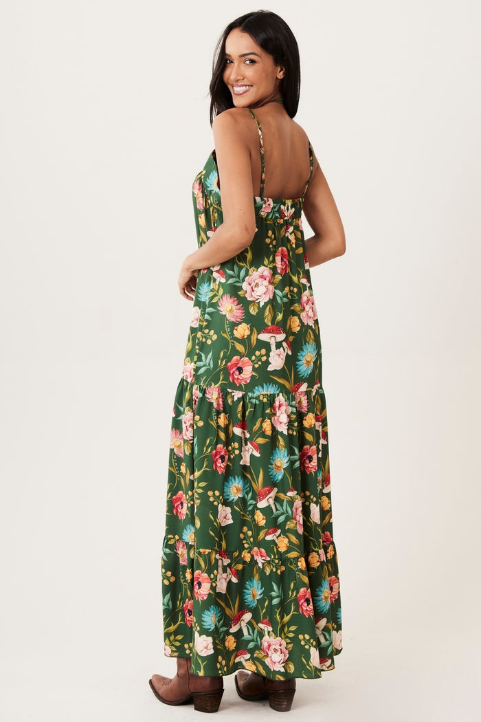 Vestido Longo Babados Verde Estampado Yacamim C5