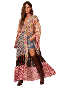 Kimono Longo Com Franjinhas Rosa Estampa Patchwork Yacamim J2