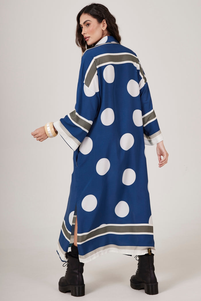 Chemise Midi Amplo Azul Escuro Estampa De Poá Yacamim N8