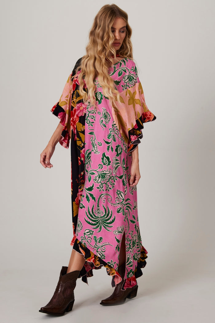 Kaftan Amplo Com Rosa Estampado Patchwork Yacamim J2