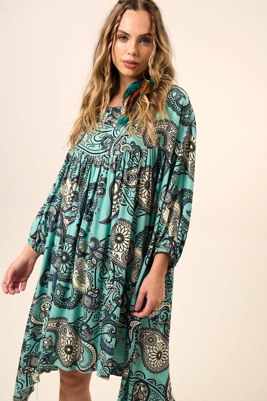 Vestido Curto Amplo Soltinho Verde Estampa Paisley Yacamim