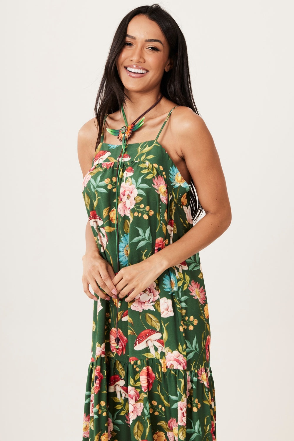 Vestido Longo Babados Verde Estampado Yacamim C5