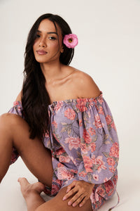 Bata Ciganinha Paraty 100% Algodão Lilás Floral Yacamim B10