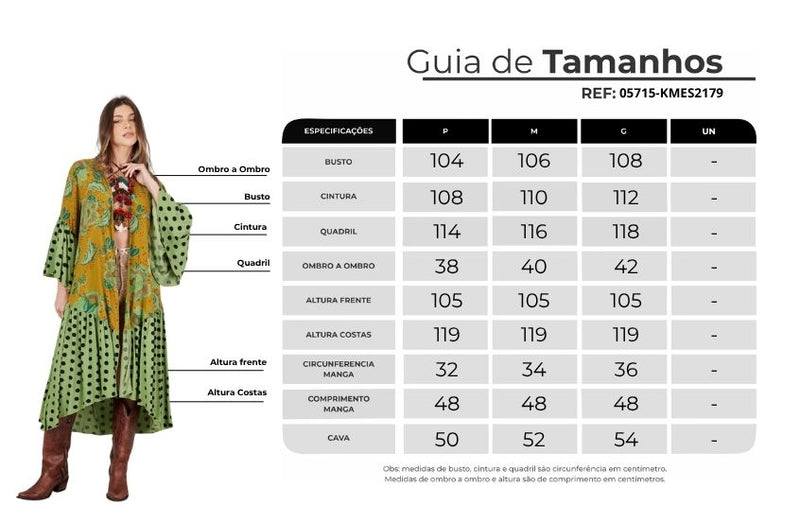 Kimono Longo Com Manga Flare Verde Poá Patchwork Yacamim J9