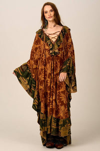 Kaftan Longo Amplo Marrom E Verde Escuro Patchwork Yacamim T3